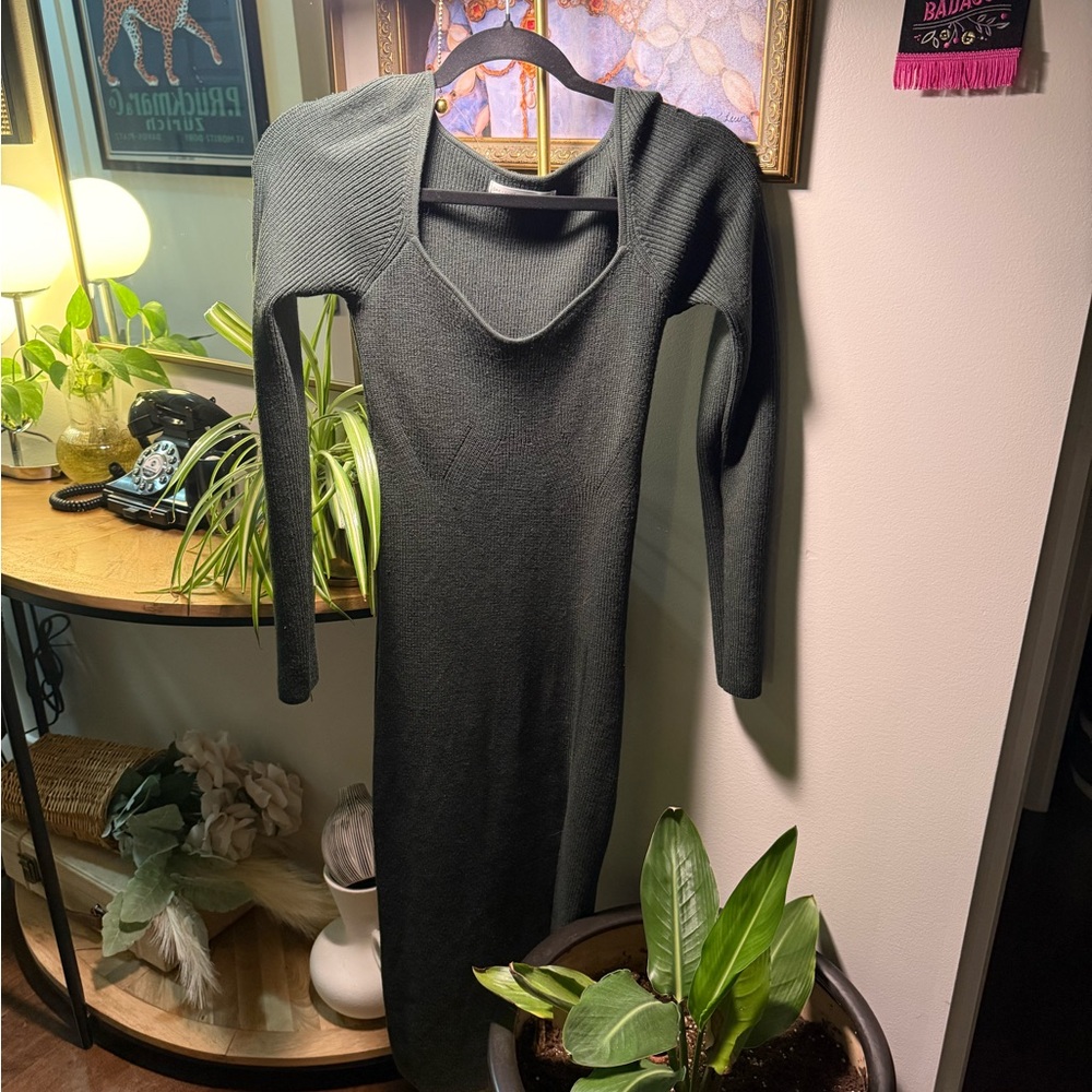 Oak + Fort Sweetheart Neckline Sweater Knit Dress (GREEN)